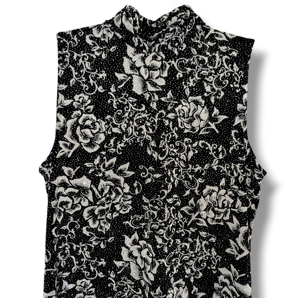 Vtg 90s Floral Sequined Whimsigoth Sleeveless Tank Indie Sleaze small Mock Neck